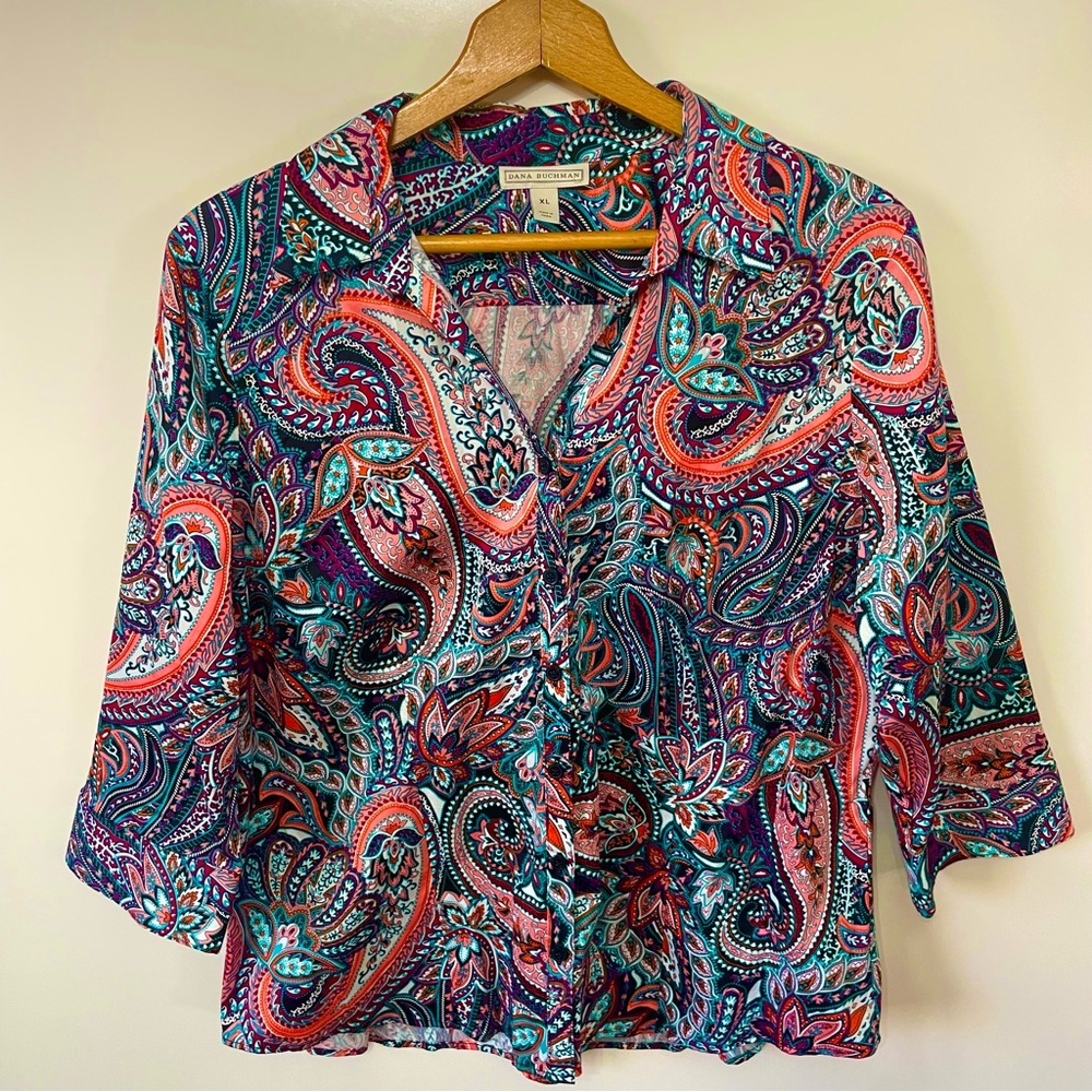 Dana Buchman Boho Paisley Button Down Blouse 3/4 Cuffed Sleeve Womens XL Cottage